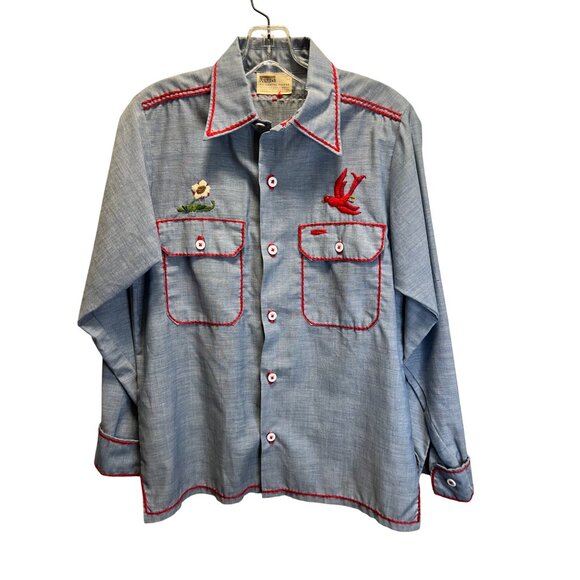 Vintage Montgomery Ward Embroidered Chambray Shirt Red Stitching Floral & Bird D - Picture 1 of 13